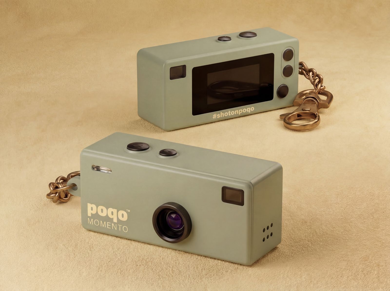 poqo Momento keychain camera — front and back view in sage green